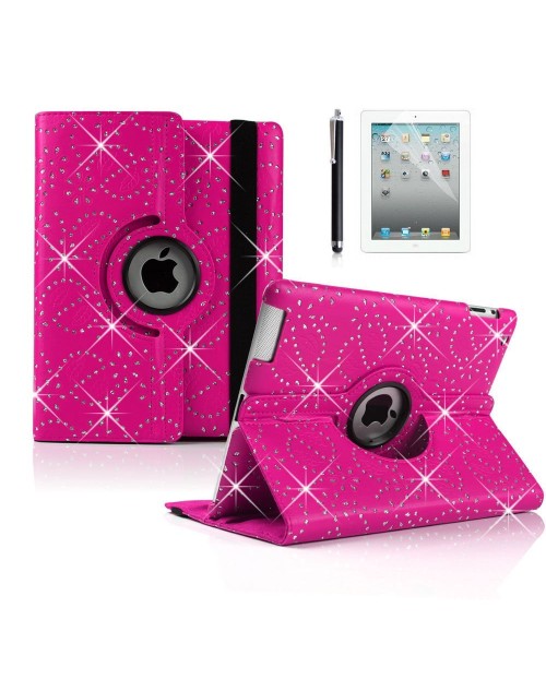Apple iPad Pro 12.9" 360 Rotating Glitter,Diamond,Sparkling,Bling Pu Leather Case Cover with Adjustable Viewing Stand Free Stylus-Pink